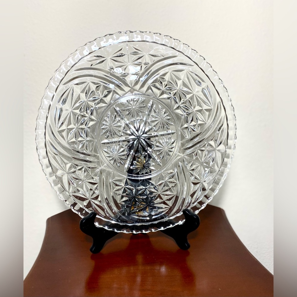 Vintage Crystal Clear Cut Glass Round Serving Platter Tray 12.75”